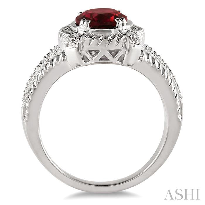 9x7 MM Oval Cut Garnet and 1/50 Ctw Round Cut Diamond Ring in Sterling Silver