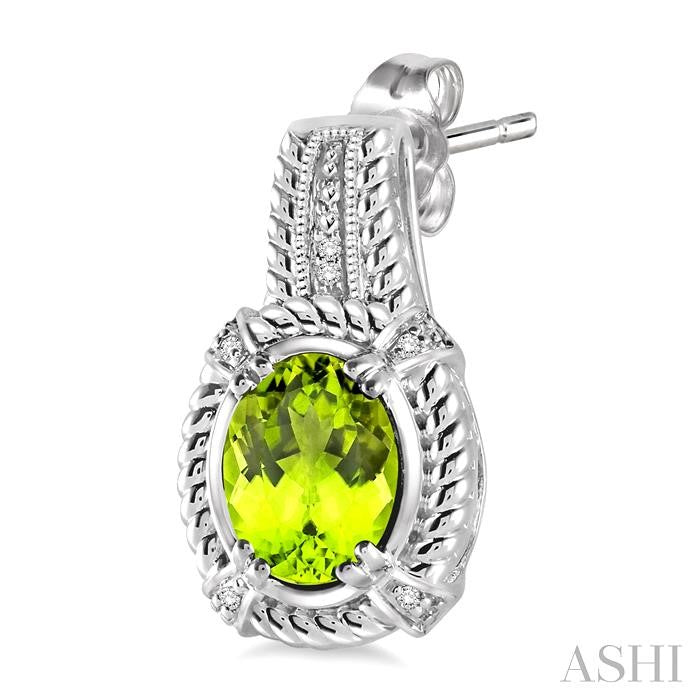 8x6 MM Oval Cut Peridot and 1/20 Ctw Round Cut Diamond Earrings in Sterling Silver