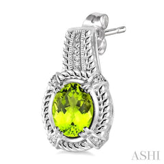 8x6 MM Oval Cut Peridot and 1/20 Ctw Round Cut Diamond Earrings in Sterling Silver