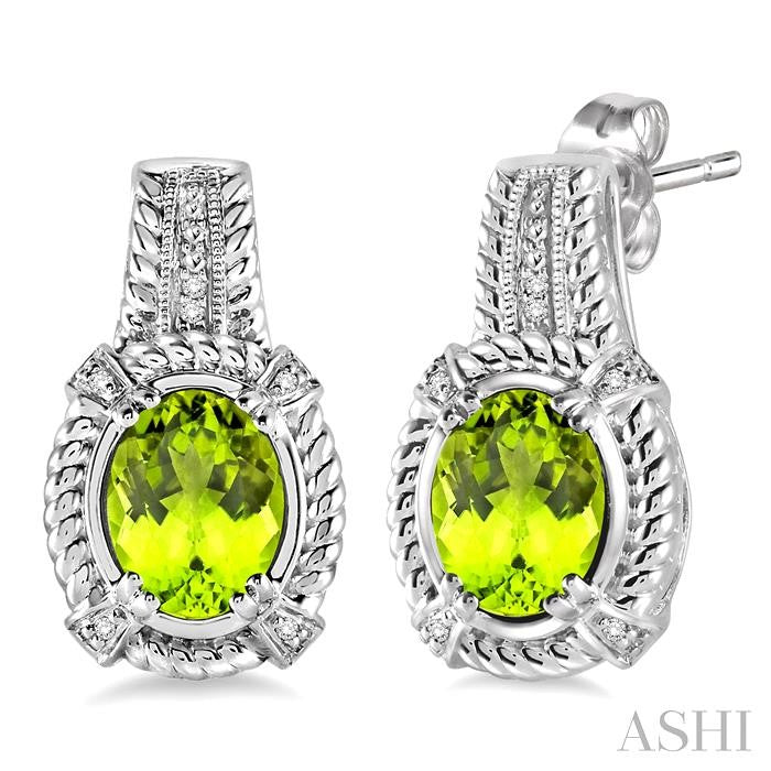 8x6 MM Oval Cut Peridot and 1/20 Ctw Round Cut Diamond Earrings in Sterling Silver