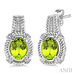 8x6 MM Oval Cut Peridot and 1/20 Ctw Round Cut Diamond Earrings in Sterling Silver