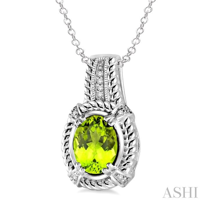 9x7 MM Oval Cut Peridot and 1/50 Ctw Round Cut Diamond Pendant in Sterling Silver with Chain
