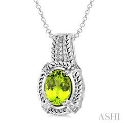 9x7 MM Oval Cut Peridot and 1/50 Ctw Round Cut Diamond Pendant in Sterling Silver with Chain