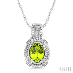 9x7 MM Oval Cut Peridot and 1/50 Ctw Round Cut Diamond Pendant in Sterling Silver with Chain