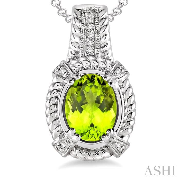 9x7 MM Oval Cut Peridot and 1/50 Ctw Round Cut Diamond Pendant in Sterling Silver with Chain