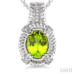 9x7 MM Oval Cut Peridot and 1/50 Ctw Round Cut Diamond Pendant in Sterling Silver with Chain