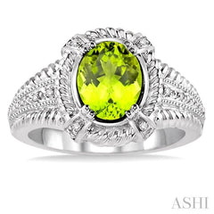 9x7 MM Oval Cut Peridot and 1/50 Ctw Round Cut Diamond Ring in Sterling Silver