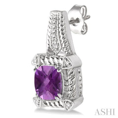 7x7 MM Cushion Shape Amethyst and 1/20 Ctw Round Cut Diamond Earrings in Sterling Silver