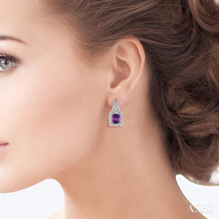 7x7 MM Cushion Shape Amethyst and 1/20 Ctw Round Cut Diamond Earrings in Sterling Silver