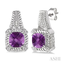 7x7 MM Cushion Shape Amethyst and 1/20 Ctw Round Cut Diamond Earrings in Sterling Silver