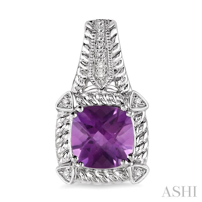 7x7 MM Cushion Shape Amethyst and 1/20 Ctw Round Cut Diamond Earrings in Sterling Silver