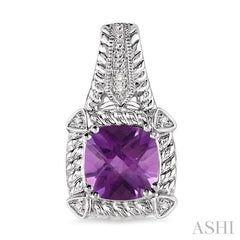 7x7 MM Cushion Shape Amethyst and 1/20 Ctw Round Cut Diamond Earrings in Sterling Silver