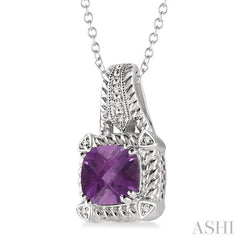8x8 MM Cushion Shape Amethyst and 1/50 Ctw Round Cut Diamond Pendant in Sterling Silver with Chain