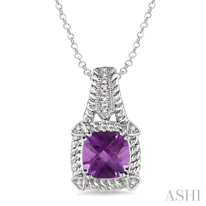 8x8 MM Cushion Shape Amethyst and 1/50 Ctw Round Cut Diamond Pendant in Sterling Silver with Chain