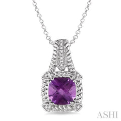 8x8 MM Cushion Shape Amethyst and 1/50 Ctw Round Cut Diamond Pendant in Sterling Silver with Chain