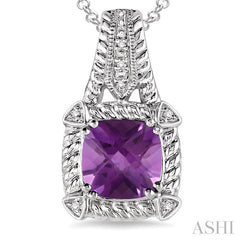 8x8 MM Cushion Shape Amethyst and 1/50 Ctw Round Cut Diamond Pendant in Sterling Silver with Chain