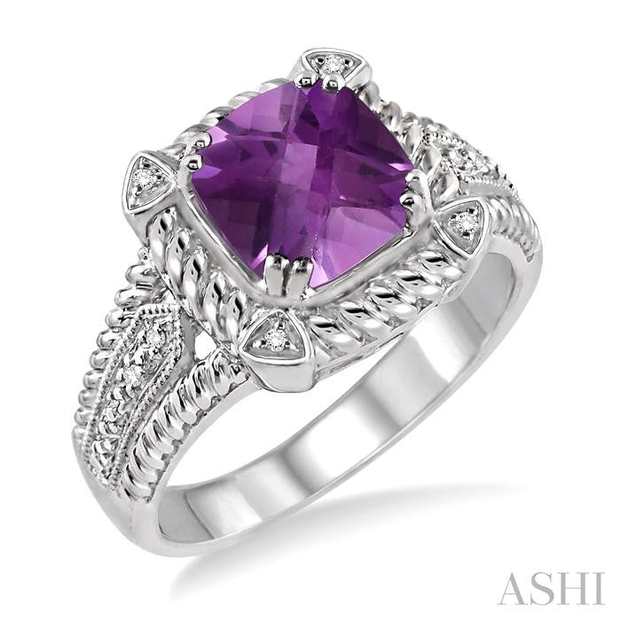 8x8 MM Cushion Shape Amethyst and 1/50 Ctw Round Cut Diamond Ring in Sterling Silver
