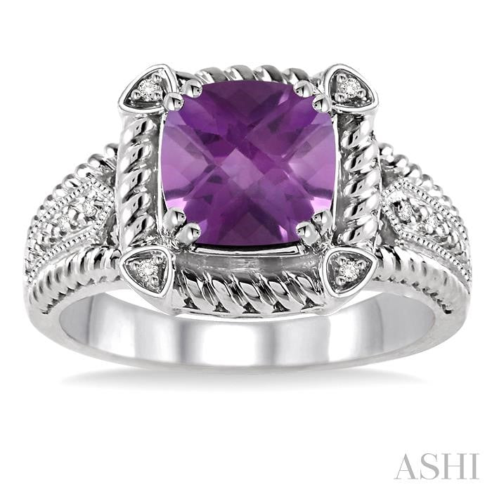 8x8 MM Cushion Shape Amethyst and 1/50 Ctw Round Cut Diamond Ring in Sterling Silver