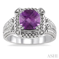 8x8 MM Cushion Shape Amethyst and 1/50 Ctw Round Cut Diamond Ring in Sterling Silver