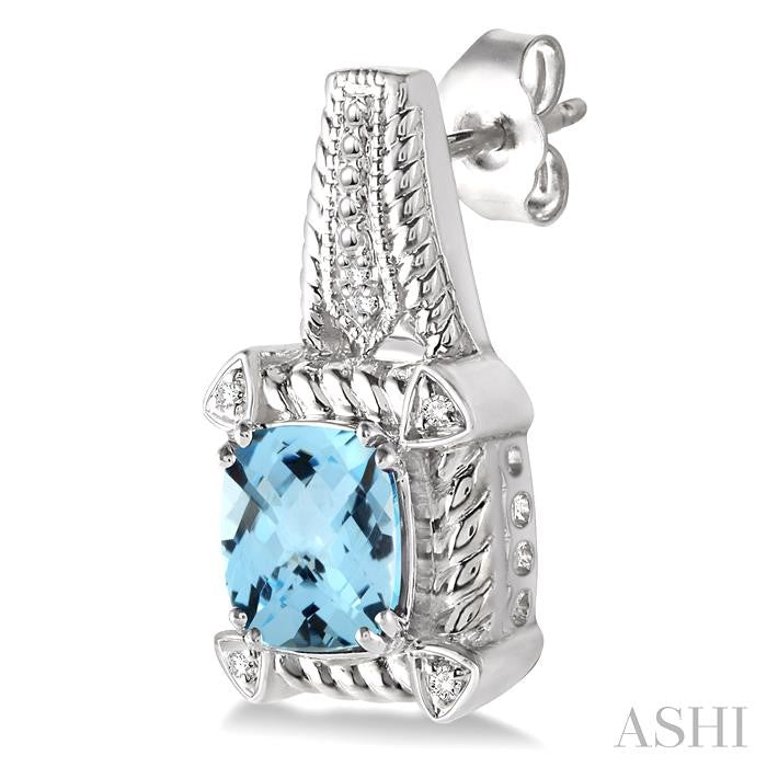 7x7 MM Cushion Shape Blue Topaz and 1/20 Ctw Round Cut Diamond Earrings in Sterling Silver