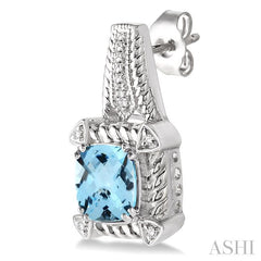 7x7 MM Cushion Shape Blue Topaz and 1/20 Ctw Round Cut Diamond Earrings in Sterling Silver