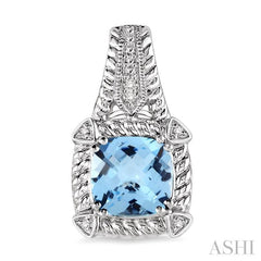 7x7 MM Cushion Shape Blue Topaz and 1/20 Ctw Round Cut Diamond Earrings in Sterling Silver