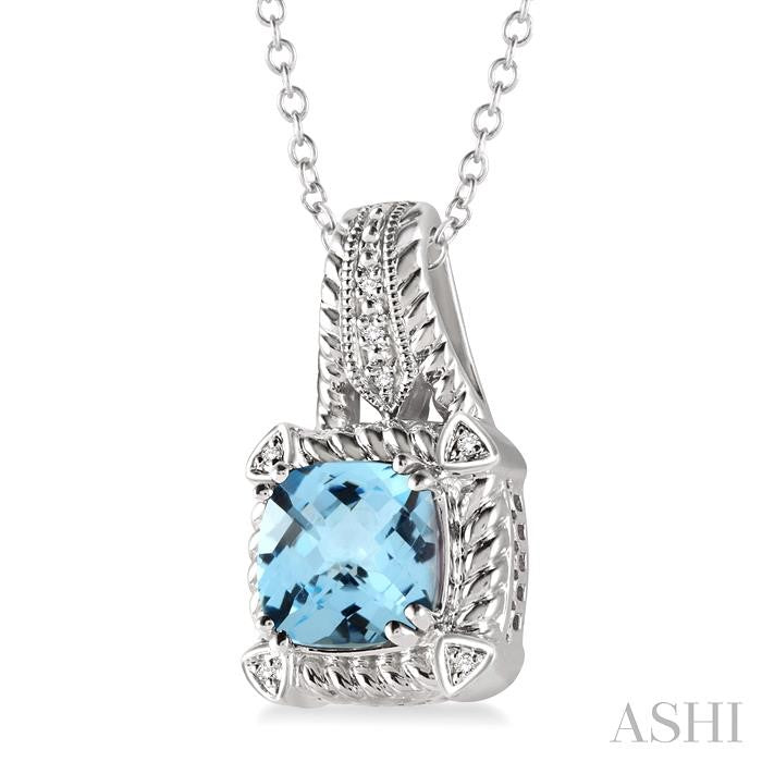 8x8 MM Cushion Shape Blue Topaz and 1/50 Ctw Round Cut Diamond Pendant in Sterling Silver with Chain