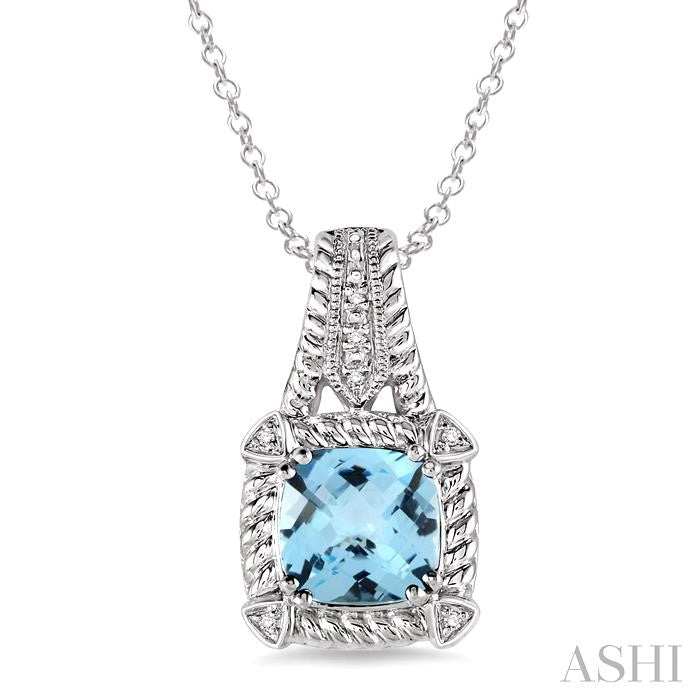 8x8 MM Cushion Shape Blue Topaz and 1/50 Ctw Round Cut Diamond Pendant in Sterling Silver with Chain