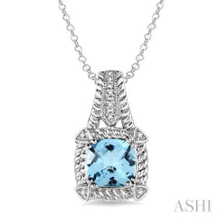 8x8 MM Cushion Shape Blue Topaz and 1/50 Ctw Round Cut Diamond Pendant in Sterling Silver with Chain