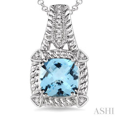 8x8 MM Cushion Shape Blue Topaz and 1/50 Ctw Round Cut Diamond Pendant in Sterling Silver with Chain