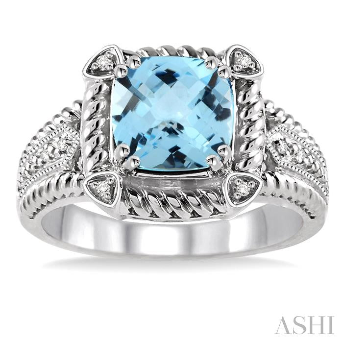 8x8 MM Cushion Shape Blue Topaz and 1/50 Ctw Round Cut Diamond Ring in Sterling Silver