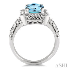 8x8 MM Cushion Shape Blue Topaz and 1/50 Ctw Round Cut Diamond Ring in Sterling Silver