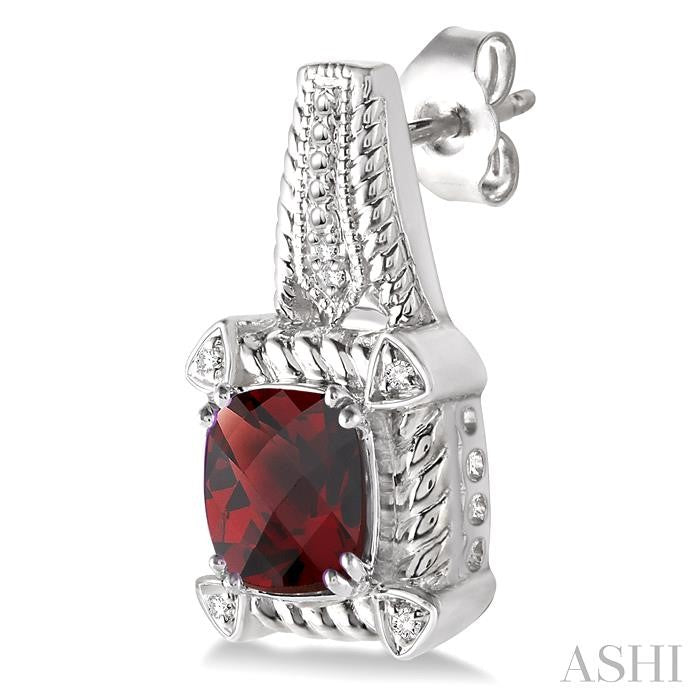 7x7 MM Cushion Shape Garnet and 1/20 Ctw Round Cut Diamond Earrings in Sterling Silver