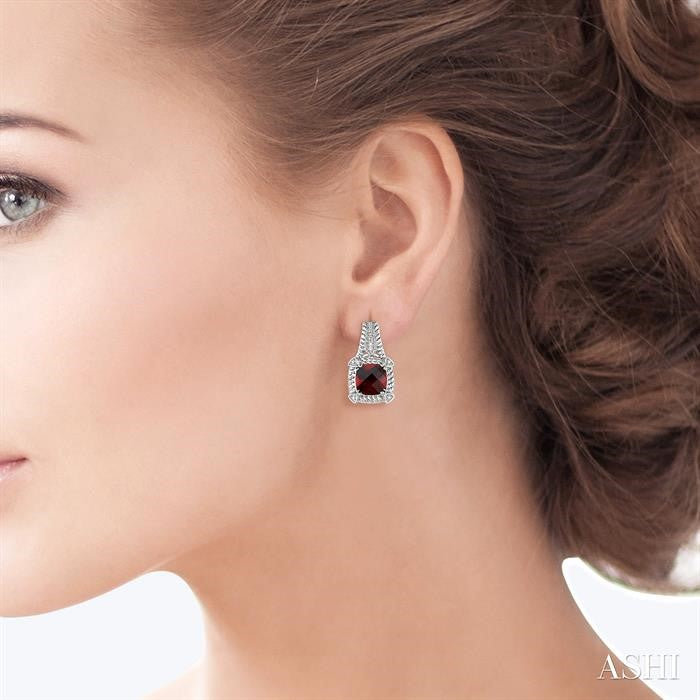 7x7 MM Cushion Shape Garnet and 1/20 Ctw Round Cut Diamond Earrings in Sterling Silver