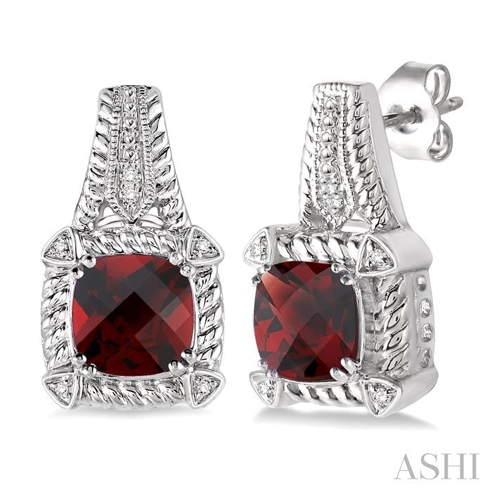 7x7 MM Cushion Shape Garnet and 1/20 Ctw Round Cut Diamond Earrings in Sterling Silver