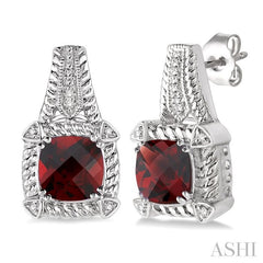 7x7 MM Cushion Shape Garnet and 1/20 Ctw Round Cut Diamond Earrings in Sterling Silver