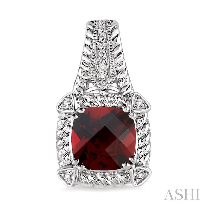 7x7 MM Cushion Shape Garnet and 1/20 Ctw Round Cut Diamond Earrings in Sterling Silver
