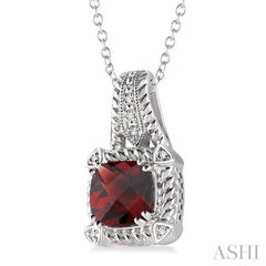 8x8 MM Cushion Shape Garnet and 1/50 Ctw Round Cut Diamond Pendant in Sterling Silver with Chain