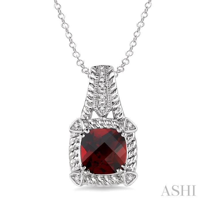 8x8 MM Cushion Shape Garnet and 1/50 Ctw Round Cut Diamond Pendant in Sterling Silver with Chain