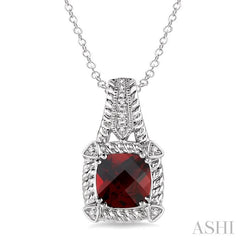 8x8 MM Cushion Shape Garnet and 1/50 Ctw Round Cut Diamond Pendant in Sterling Silver with Chain