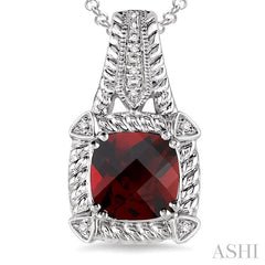 8x8 MM Cushion Shape Garnet and 1/50 Ctw Round Cut Diamond Pendant in Sterling Silver with Chain