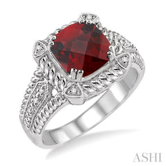 8x8 MM Cushion Shape Garnet and 1/50 Ctw Round Cut Diamond Ring in Sterling Silver