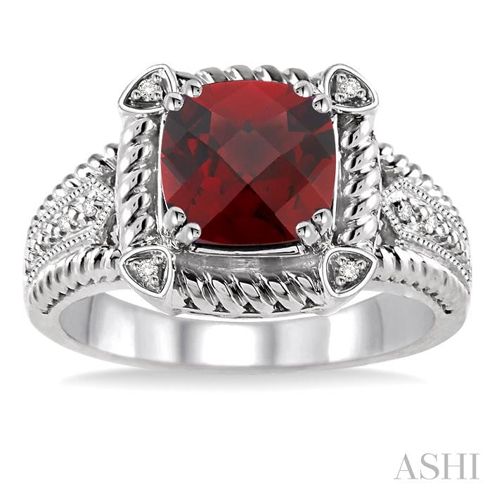 8x8 MM Cushion Shape Garnet and 1/50 Ctw Round Cut Diamond Ring in Sterling Silver