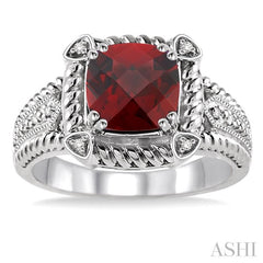8x8 MM Cushion Shape Garnet and 1/50 Ctw Round Cut Diamond Ring in Sterling Silver