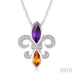 10x5 & 8x4 MM Marquise cut Amethyst and Citrine and 1/50 Ctw Single Cut Diamond Fleur De Lis Pendant in Sterling Silver with Chain
