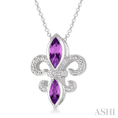 10x5 & 8x4 MM Marquise cut Amethyst and 1/50 Ctw Round Cut Diamond Fleur De Lis Pendant in Sterling Silver with Chain