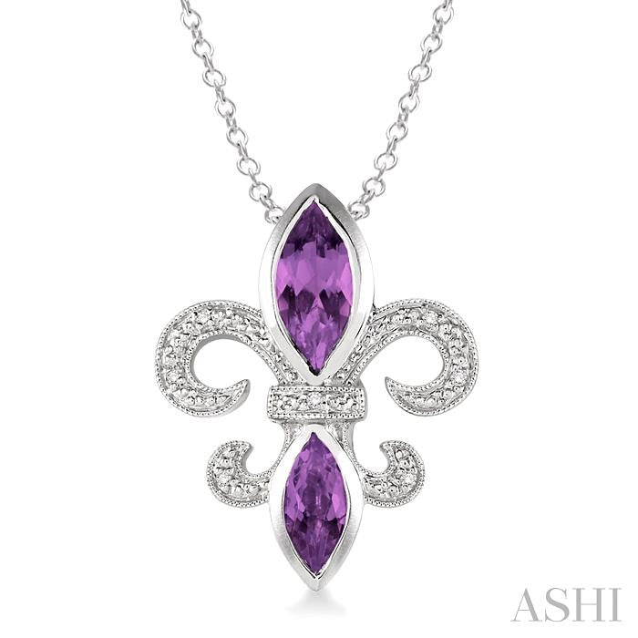 10x5 & 8x4 MM Marquise cut Amethyst and 1/50 Ctw Round Cut Diamond Fleur De Lis Pendant in Sterling Silver with Chain