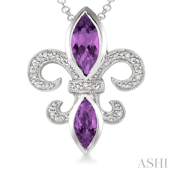 10x5 & 8x4 MM Marquise cut Amethyst and 1/50 Ctw Round Cut Diamond Fleur De Lis Pendant in Sterling Silver with Chain