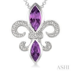 10x5 & 8x4 MM Marquise cut Amethyst and 1/50 Ctw Round Cut Diamond Fleur De Lis Pendant in Sterling Silver with Chain
