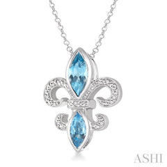 10x5 & 8x4 MM Marquise cut Blue Topaz and 1/50 Ctw Round Cut Diamond Fleur De Lis Pendant in Sterling Silver with Chain
